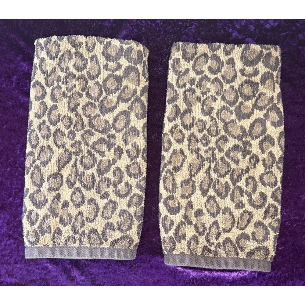 Peri Hand Towel Set Cheetah Animal Print Brown Vtg Cotton‎ Leopard Safari Decor